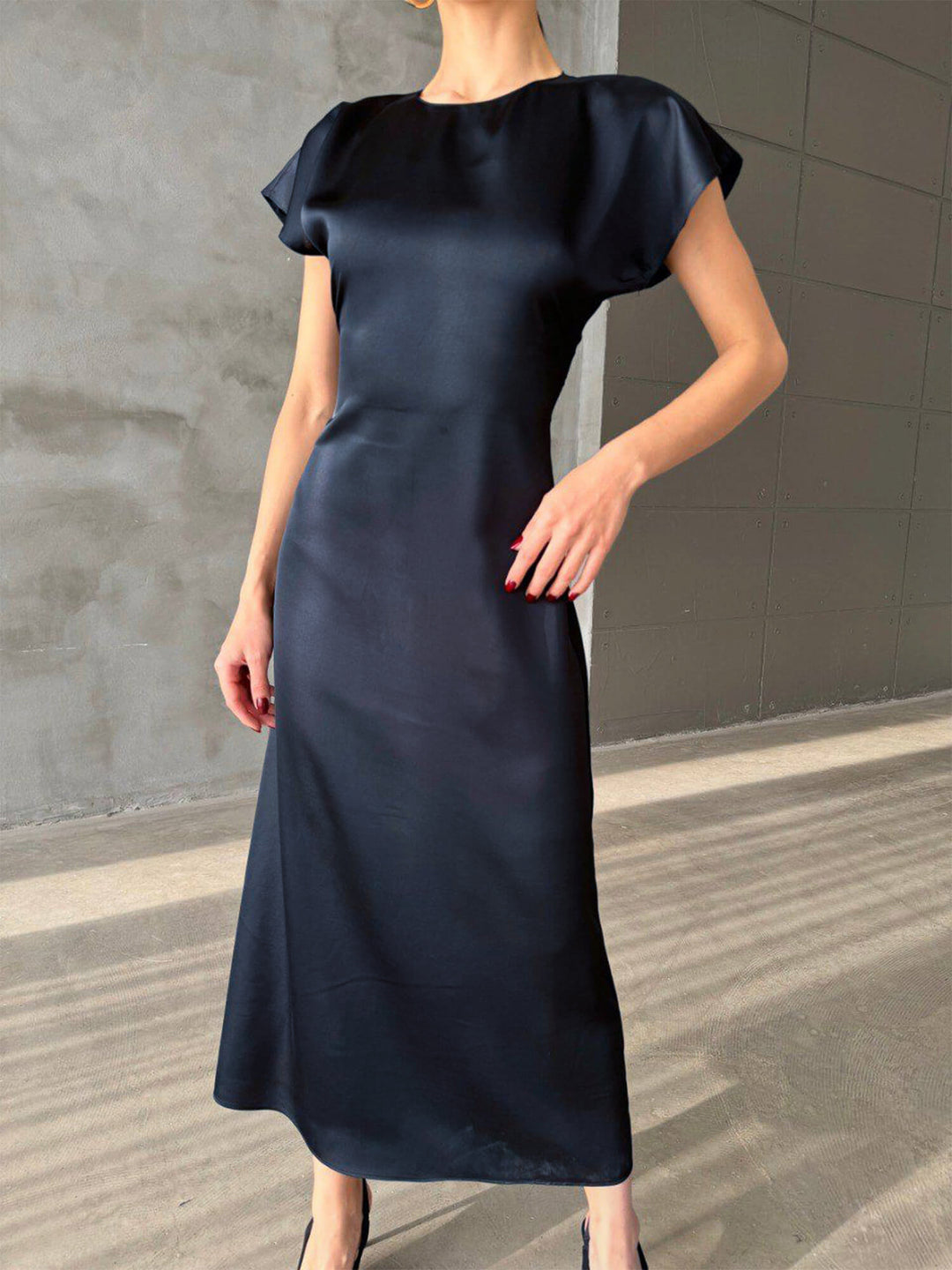 dark blue satin dress