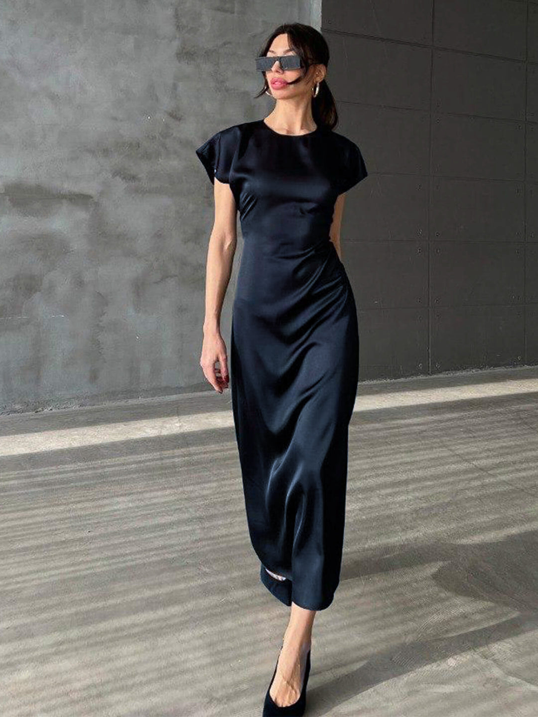 dark blue satin dress