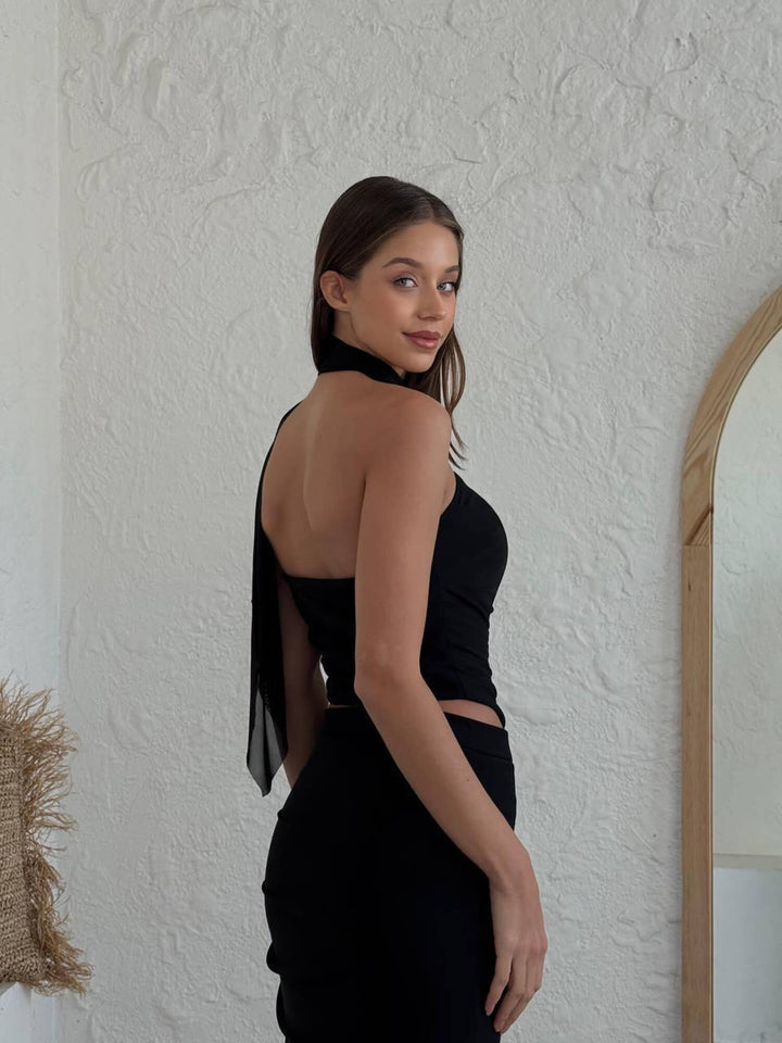 Long two pieces suit skirt dress - black