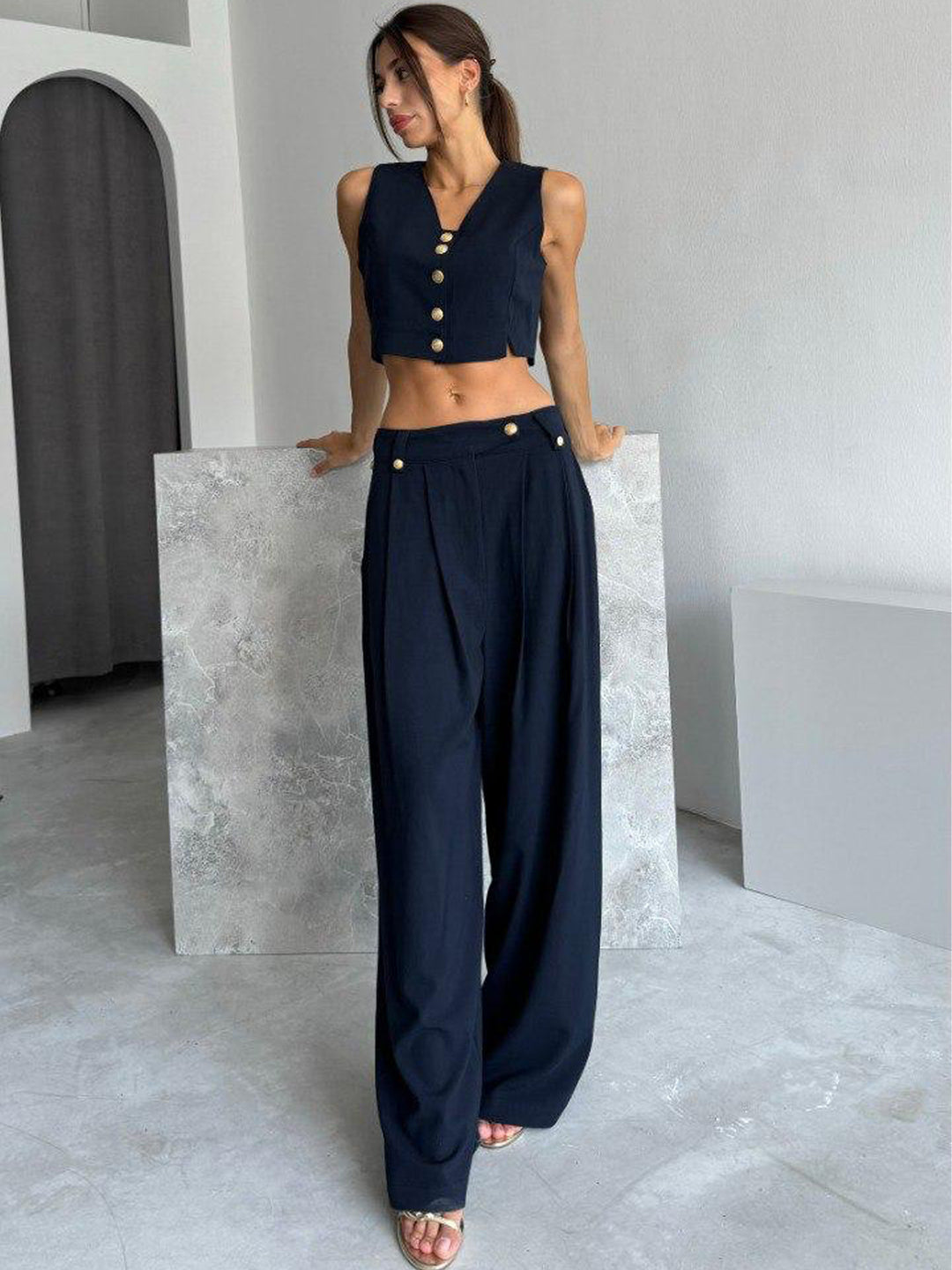 dark blue suit vest and pants